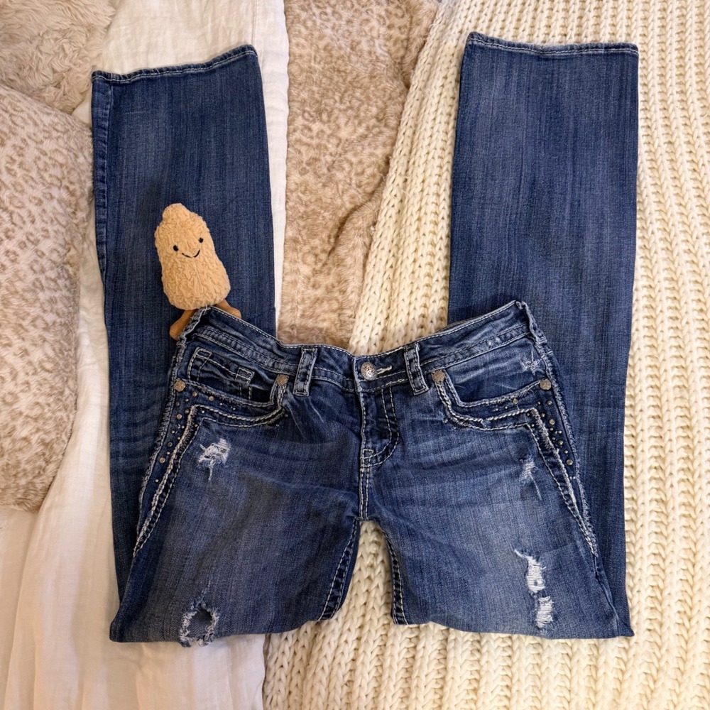 Silver Jeans Co Aiko Bootcut Distressed Studded Denim Jeans Blue W29 L33